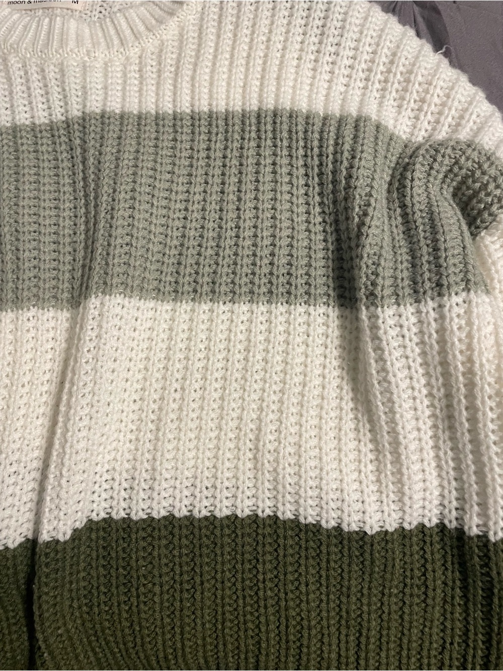 Striped Knit Crewneck Sweater in Cream and Olive- 0455 - Picture 3 of 4